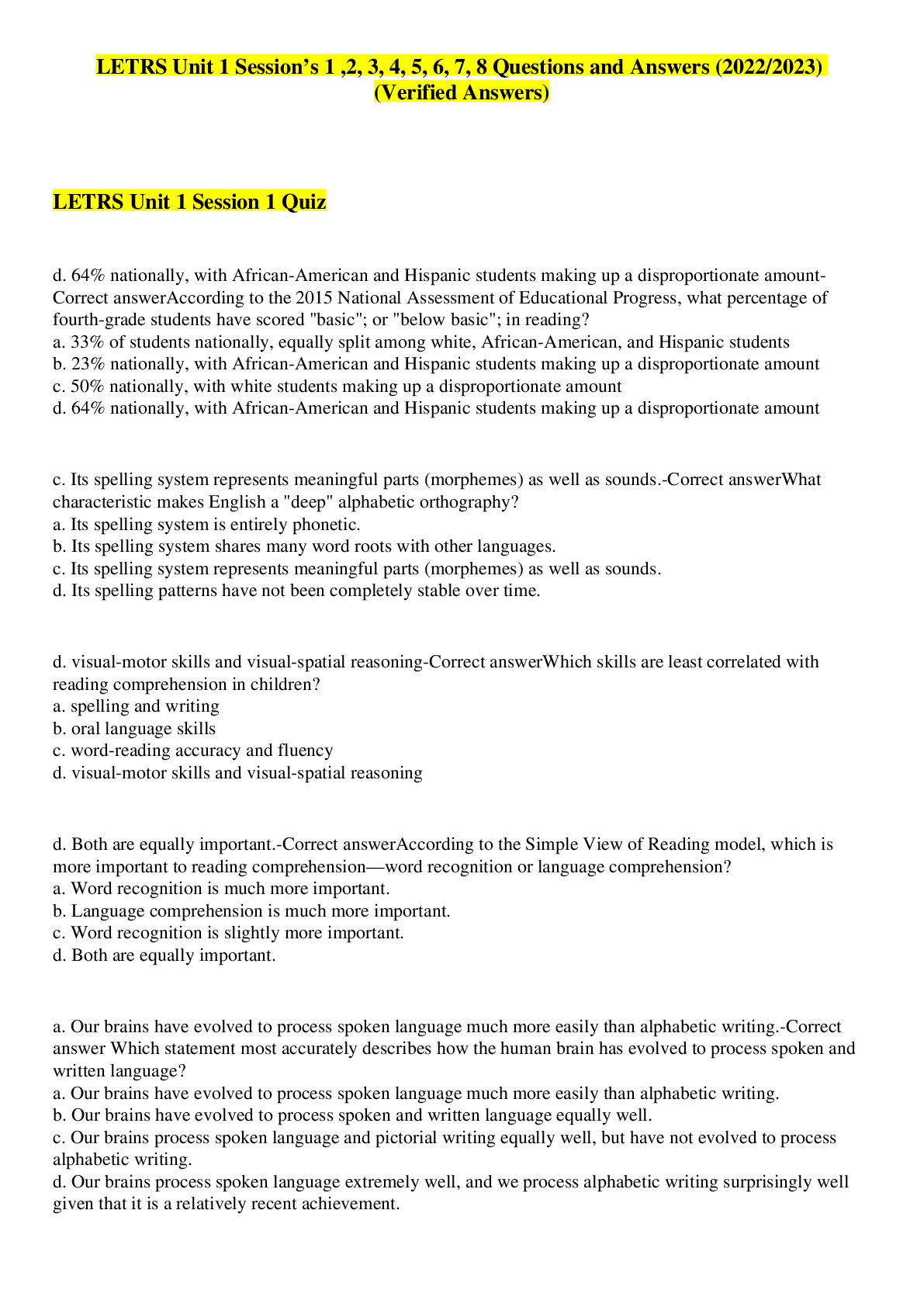 Preview of LETRS Unit 1 Session’s 1 ,2, 3, 4, 5, 6, 7, 8 Questions and Answers (2022/2023) (Verified